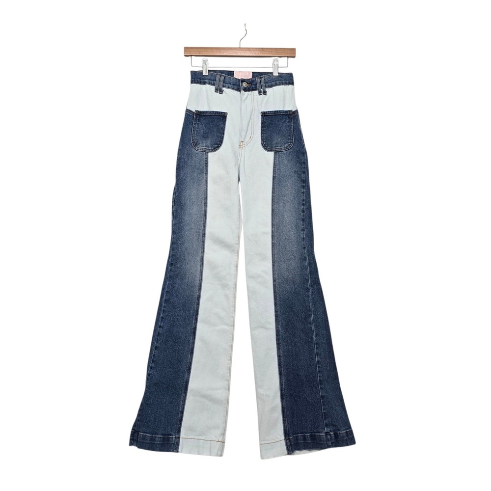 Revice Denim Two Tone Flare Jeans High Waisted Wide Leg Blue Size 28